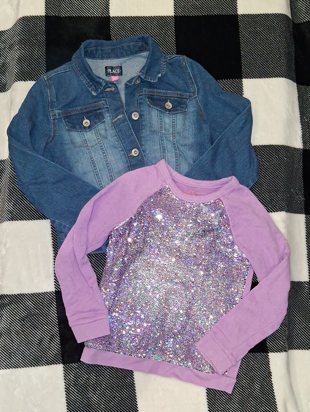 The Children's Place Purple Sequin Raglan Top with Blue Denim Jacket